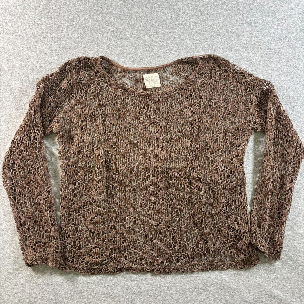 Zashi Brown Crochet Lace Top Women’s S Long Sleeve Sheer Y2K Boho